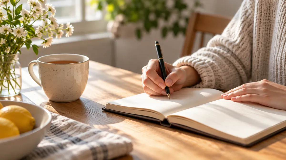 Hands writing in a journal at a sunlit kitchen table beside a cup of tea